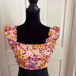 Banjanan Edith FloralBlock Print Ruffle Strap Crop Top Medium